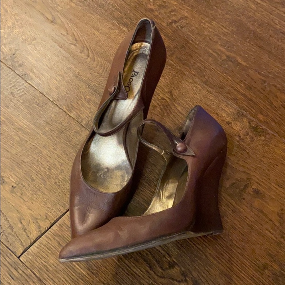 PACO GIL brown leather maryjane wedge pumps